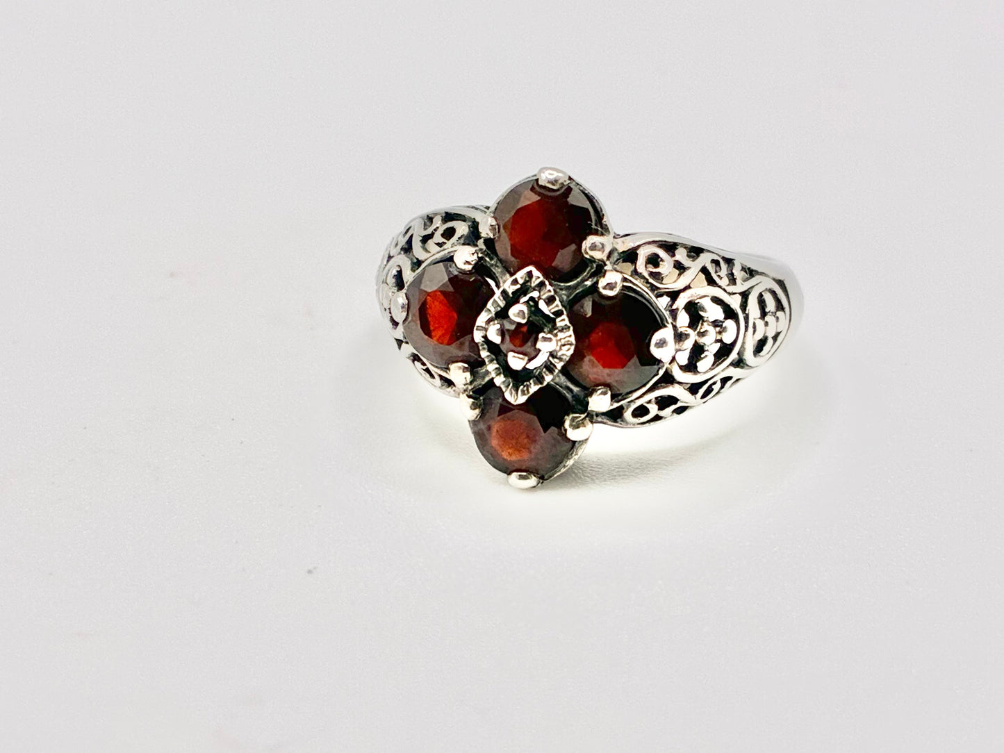 Sterling Silver Garnet Filigree Ring – Size 8