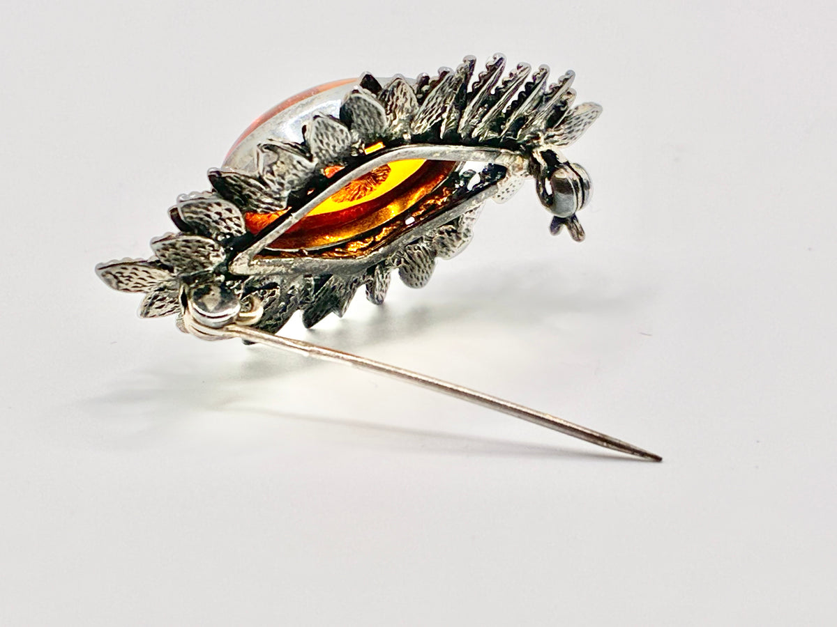 925 Sterling Silver Amber Floral Leaf Brooch Pin
