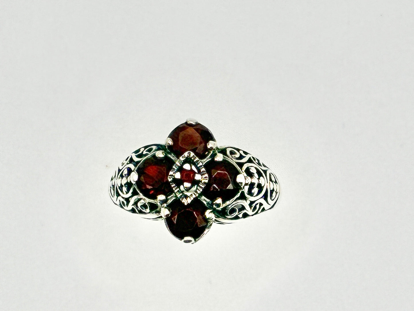 Sterling Silver Garnet Filigree Ring – Size 8