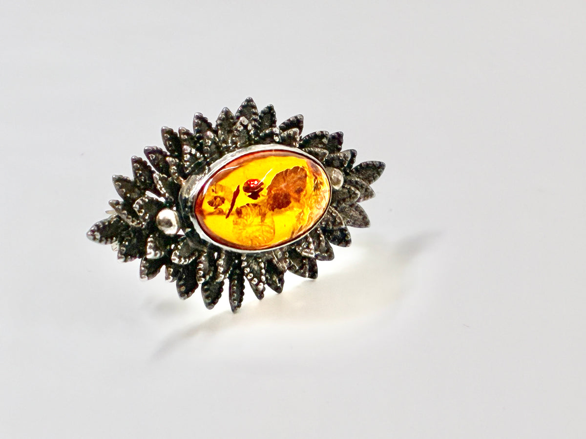 925 Sterling Silver Amber Floral Leaf Brooch Pin