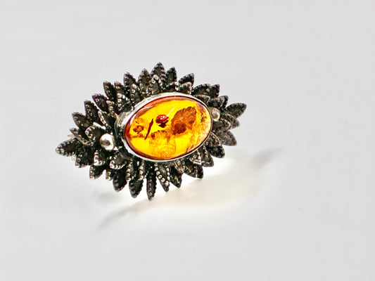 925 Sterling Silver Amber Floral Leaf Brooch Pin