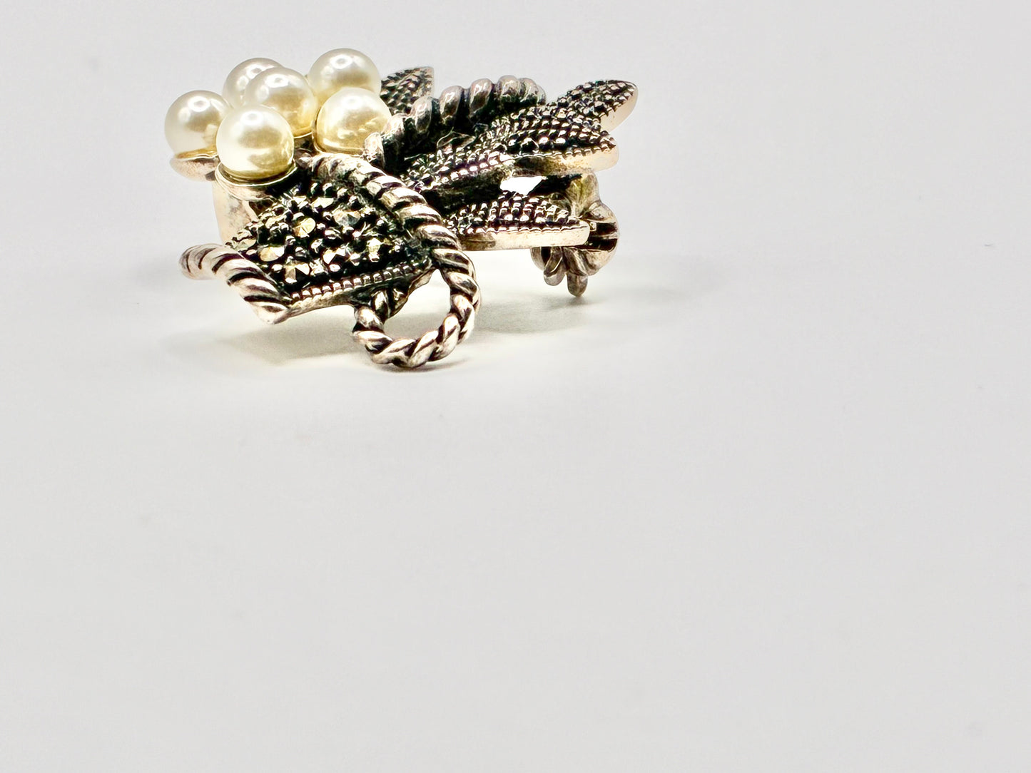 Marcasite & Pearl Flower Basket Brooch 925 Sterling Silver Pin