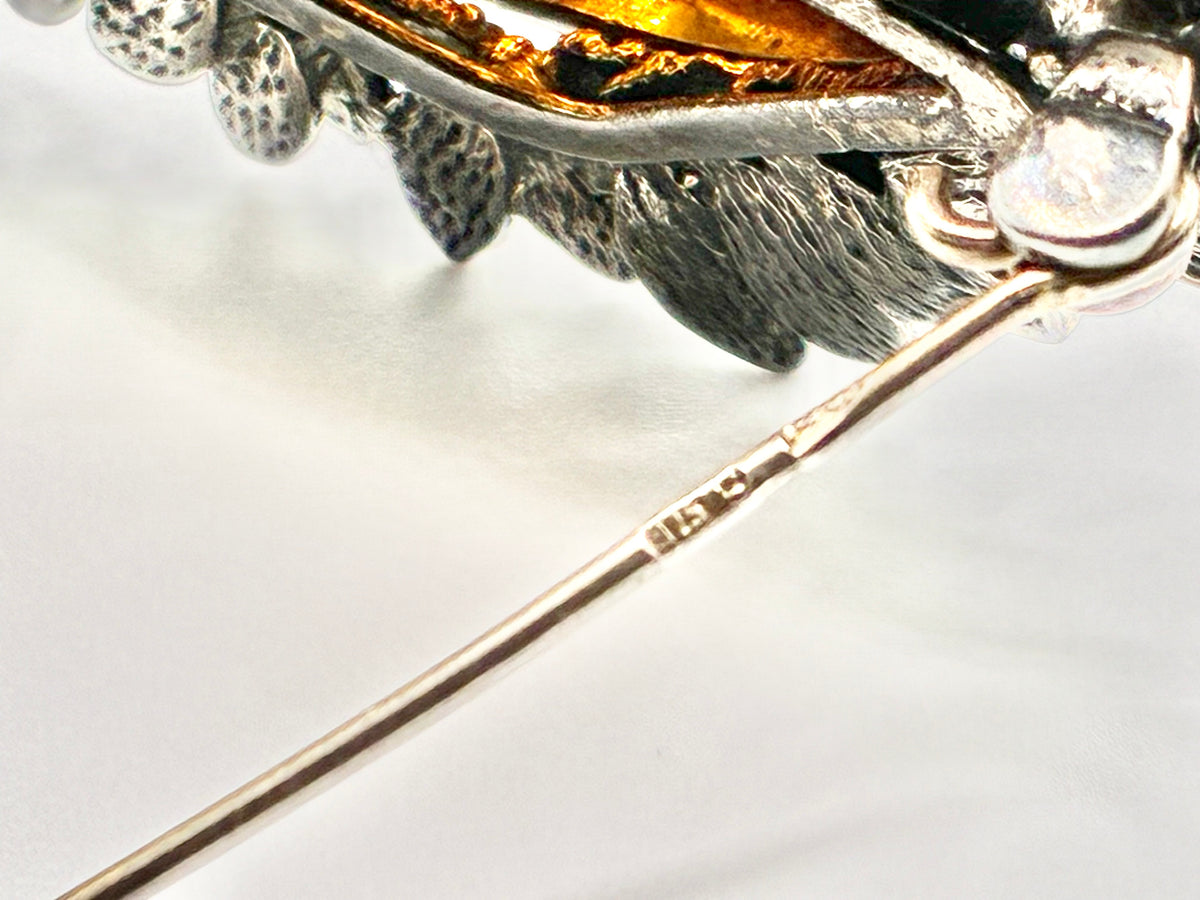 925 Sterling Silver Amber Floral Leaf Brooch Pin