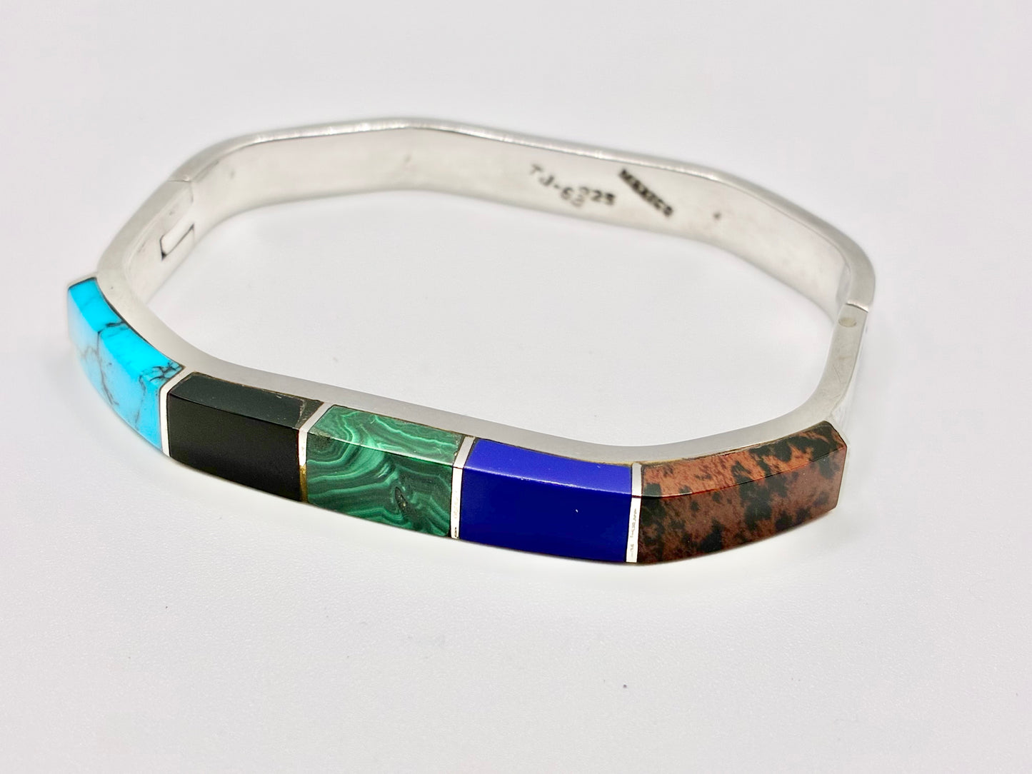Mexico 925 Sterling Silver Multi-Stone Inlay Hinged Bangle — TJ-65