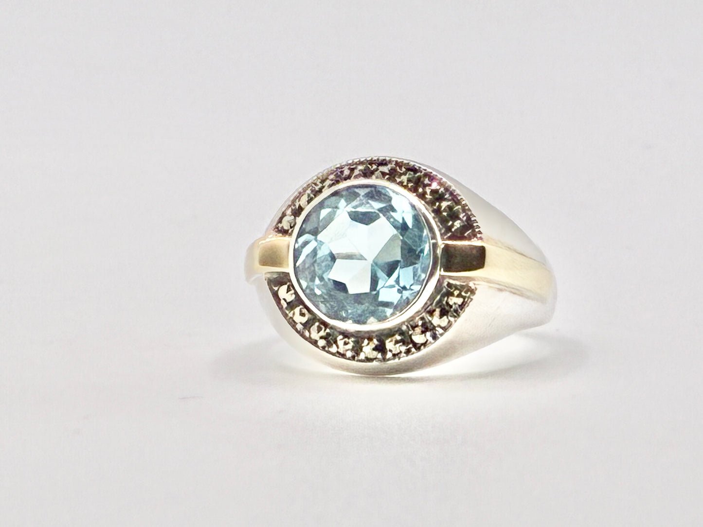 Sterling Silver & 14K Gold Blue Gem Ring – Size 9.5