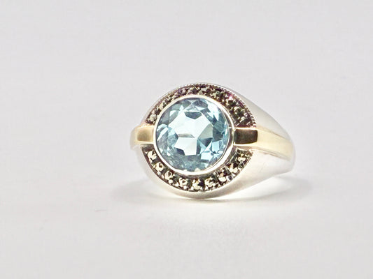 Sterling Silver & 14K Gold Blue Gem Ring – Size 9.5
